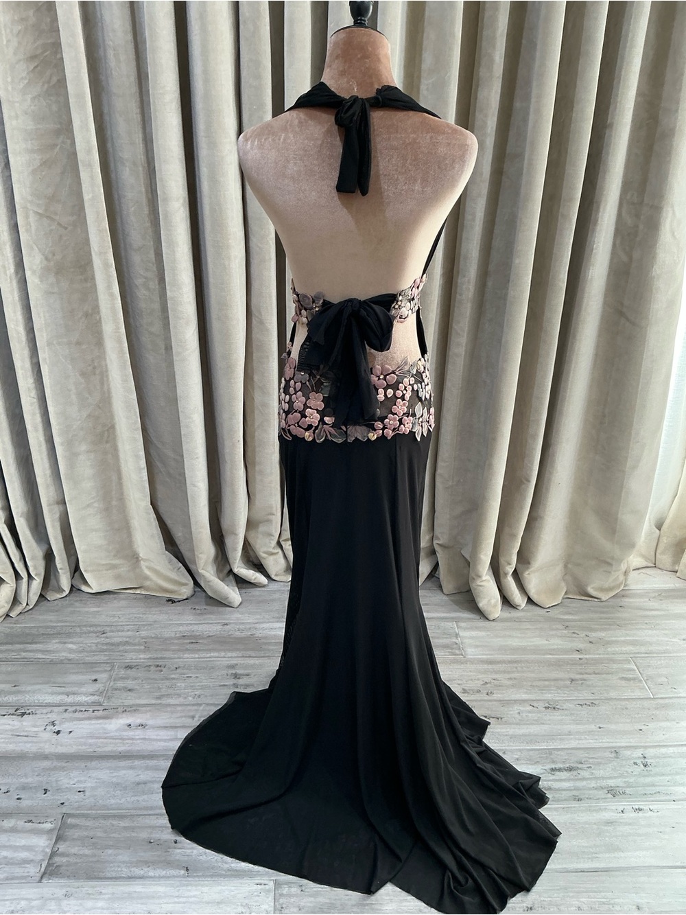 Black Halter Evening Gown with Pink Floral Embroidery - Picture 9 of 15
